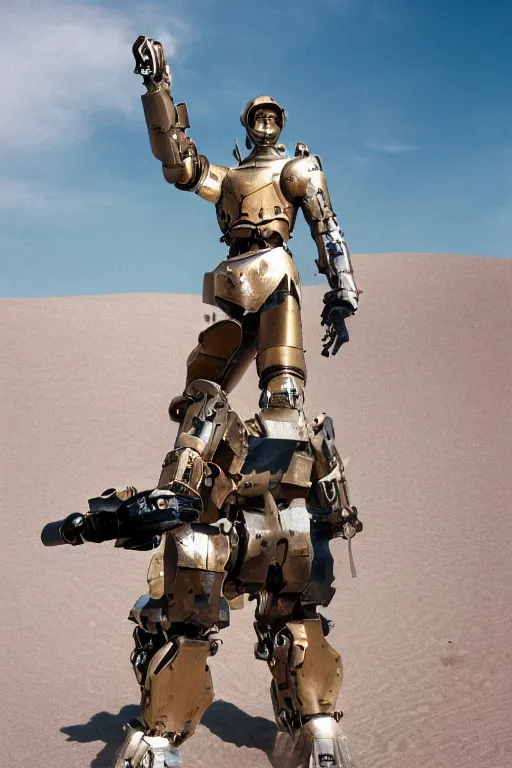 Prompt: Kodak portra 160, 8K, highly detailed, 2/4 portrait, starfish pose, focus on steel armor: famous mecha in low budget joan of arc movie remake, desert scene