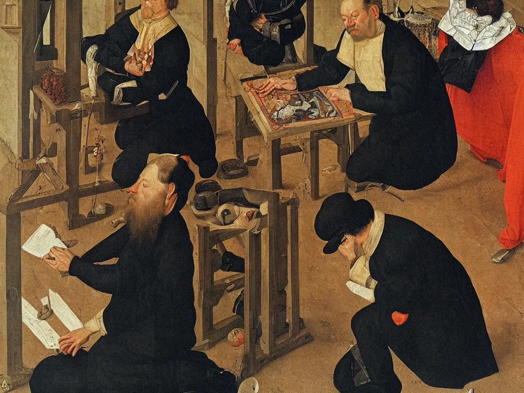 Image similar to portrait of a kneeling painter. painting by lucas cranach