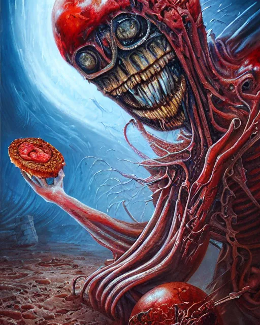 Prompt: bloody fleshmetal hamburger, by antonio j. manzanedo, giger, alex grey, android jones, wayne barlowe, philippe druillet, raymond swanland, cyril rolando, josephine wall, harumi hironaka, trending on artstation