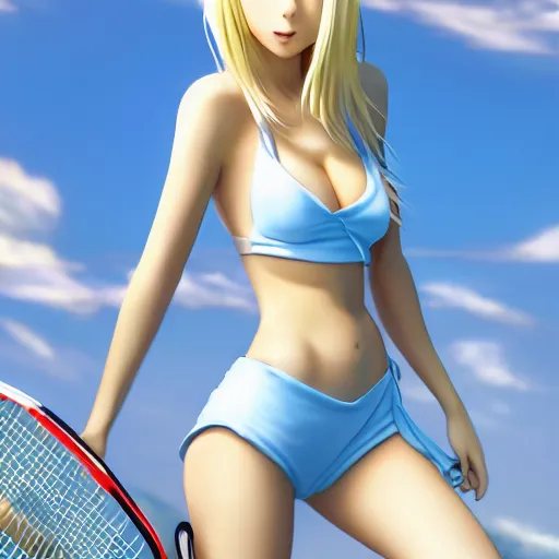 Image similar to full body shot : a very beautiful young blond tennis anime girl, most popular girl sky blue eyes,, bikini, miniskirt, highly detailed, cinematic wallpaper by stanley artgerm lau