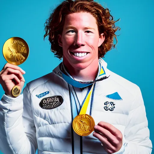 Prompt: high quality portrait of shaun white holding a gold medal with blue sky above him, rule of thirds, upper body shot, sharp focus, extremely detailed, studio photography