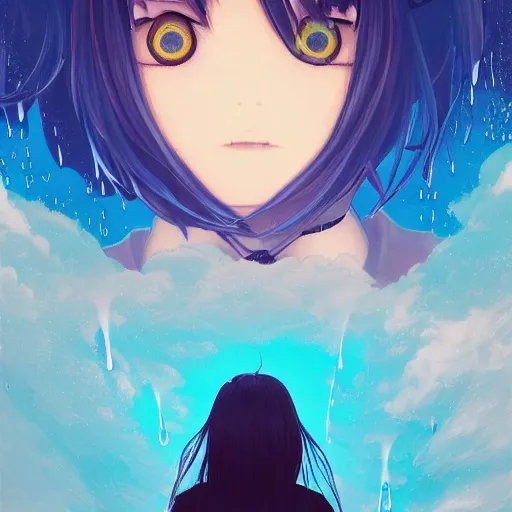 Image similar to water dripping on rimuru tempest, heavenly ripples, sky blue straight hair, bangs, with amber eyes, black jacket, high collar, ultra detailed, euphoric, masterpiece, digital painting, psychedelic, cinematic, wlop, pixiv, swirly, ilya kuvshinov, ross tran, color block