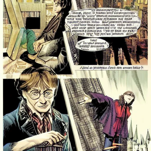 Image similar to in one frame Harry Potter talking in The Sandman comic, by Neil Gaiman, by Dave McKean, comics Sandman, small details, whole-length, clear faces