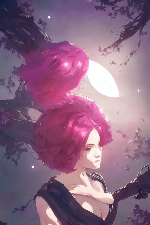 Image similar to A beautiful woman with medium magenta hair covering her face basking in the moonlight on an obsidian crystal bed below planets, tall tree, cinematic lighting, dramatic atmosphere, by Dustin Nguyen, Akihiko Yoshida, Greg Tocchini, Greg Rutkowski, Cliff Chiang, 4k resolution, trending on artstation