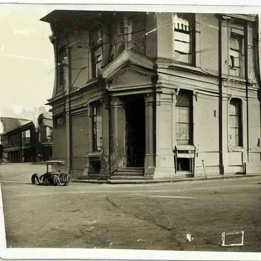 Image similar to a old, worn out photograph of the sydney oprea house taken in 1 9 2 4, photograph on table