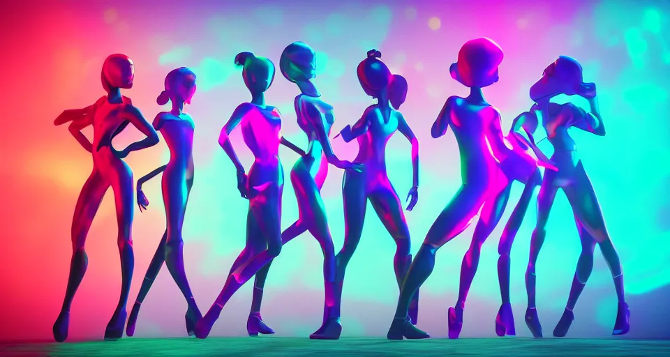 Prompt: dancing holographic girls, futuristic, silhouette, in the style of Pixar animation, very low angle view, 16mm lens, award winning, hyper detailed, dramatic lighting, artstation, octane renderer, unreal engine