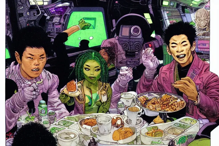 Prompt: asian people and black people and green - skinned humanoids eating breakfast aboard a cyberpunk spaceship, by michael wm kaluta