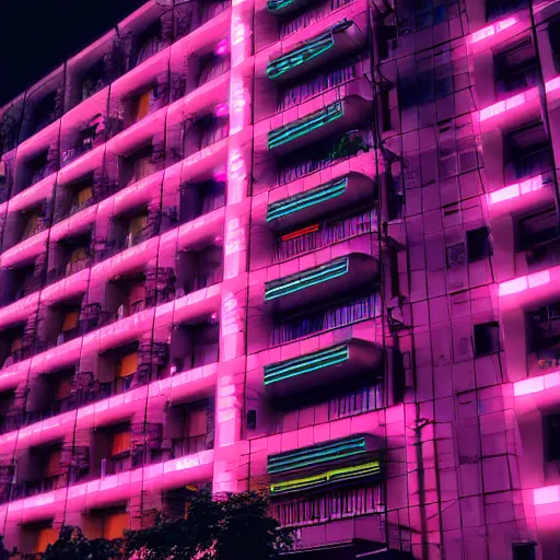 Prompt: A cyberpunk building at night, it functions as an appartment building, Neon japanese signs