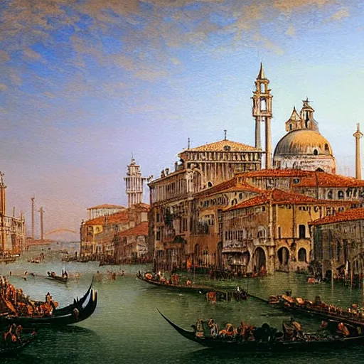 Image similar to beautiful painting of dieselpunk venice with decaying religious monuments alongside mechanical venetian automas in the style of Caspar David Friedrich