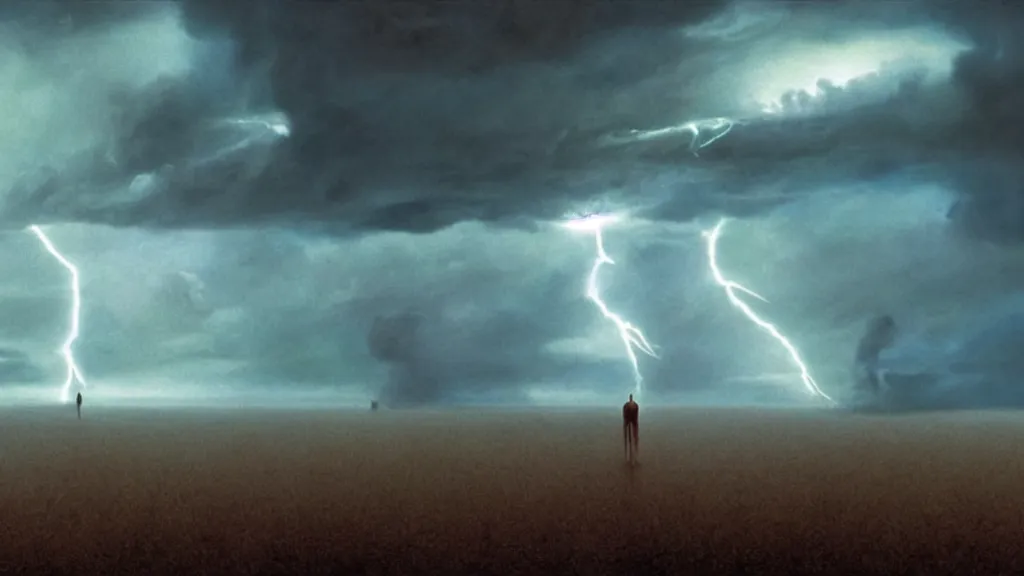 Image similar to lightning in a bottle, film still from the movie directed by denis villeneuve and david cronenberg with art direction by salvador dali and zdzisław beksinski, wide lens