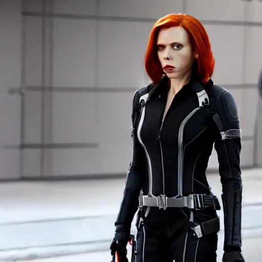 Image similar to a still frame of nicholas cage as black widow, from the 2 0 1 2 film the avengers