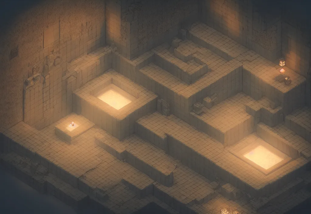 Image similar to isometric magicavoxel Bloodborne japanese bath house no mand sky cinematic lighting, 4k