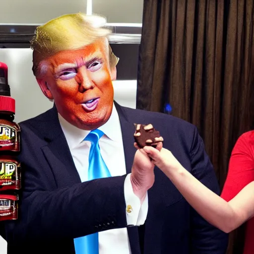 Image similar to donald j. trump spraying chocolate from his hands, chocolate spray landing on liberals