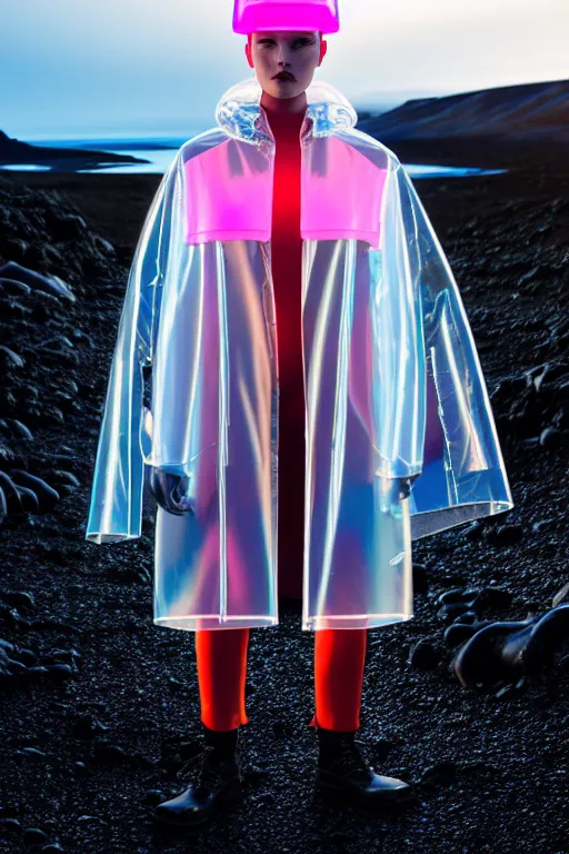 Image similar to an ultra high definition professional high fashion portrait studio full length photograph of a model wearing a transparent pearlescent raincoat and neon visor in an icelandic black rock environment at dawn. no artefacts. extremely detailed. stark. refraction. shallow depth of field. volumetric light and shadow. ray tracing. light rays.