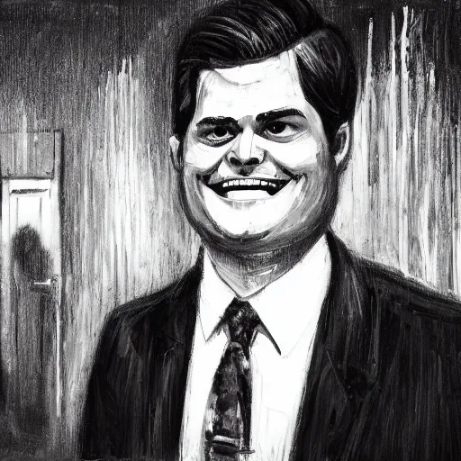 Image similar to Matt Gaetz with a wide grin wielding a chainsaw peaking through a door in the distance at the end of a narrow corridor, black and white, creepy lighting, scary, horror, ornate, eerie, fear, oil painting