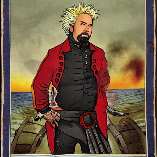 Image similar to guy fieri as a shipwreck survivor, revolutionary war color print