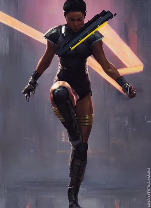 Image similar to black chun li doing high kick. cyberpunk police trooper in a military vest ( blade runner 2 0 4 9, cyberpunk 2 0 7 7 ). orientalist portrait by john william waterhouse and james gurney and theodore ralli and nasreddine dinet, oil on canvas. cinematic, hyper realism, realistic proportions, dramatic lighting, high detail 4 k