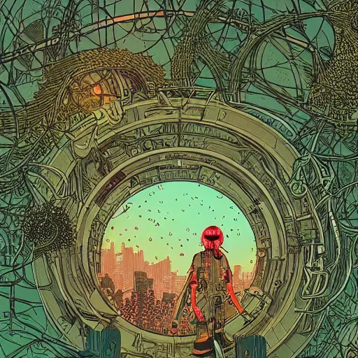 Prompt: Stunningly intricate illustration of a single cyberpunk explorer overlooking an ancient circular portal in a lush forest, highly detailed, midnight, by Victo Ngai and James Gilleard , Moebius, Laurie Greasley