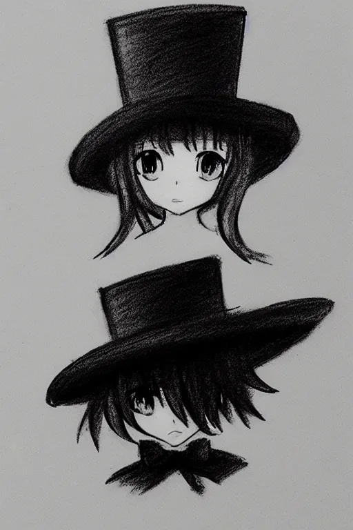 Image similar to cute loli in a tall black top hat, face profile, pencil sketch, gray scale, anime style