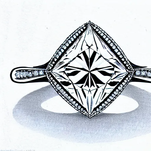 Image similar to sketch of engagement ring with two smaller diamonds outside and one bigger diamond in the middle, detailed, concept art, victorian, schematics, fashion