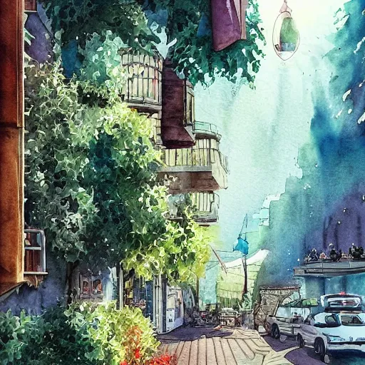 Image similar to Beautiful happy picturesque charming sci-fi town in harmony with nature. Beautiful light. Water and plants. Nice colour scheme, soft warm colour. Beautiful detailed watercolor by Lurid. (2022)