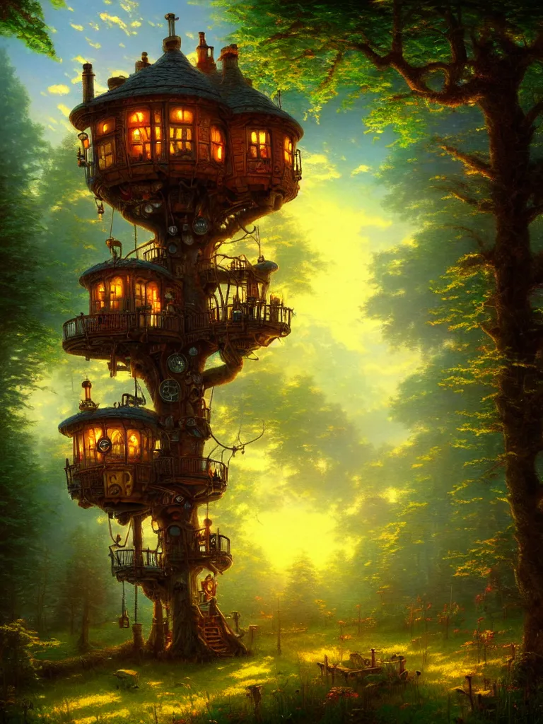 Prompt: a steampunk treehouse in a meadow by thomas kinkade, moody lighting, fantasy, artstation, illustration
