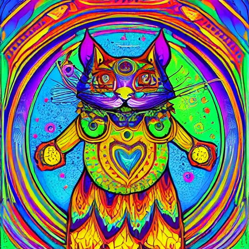 Prompt: psychadelic art of a fantasy wizard in the style of louis wain, bright colours, angular shapes, fractal patterns, geometric, highly intricate, digital art, trending on artstation