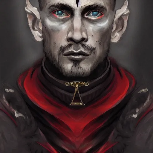 Image similar to portrait of a handsome Catholic priest with red eyes, dark, intricate details, highly detailed, concept art, digital painting, trending on artstation, award-winning. Art by Loran DeSore and Merwild