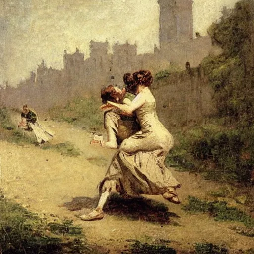 Image similar to young victorian man and woman escaping a dungeon, by alfred stevens