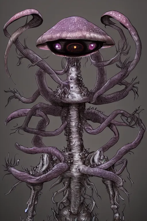 Prompt: a humanoid figure mushroom monster with large glowing eyes, highly detailed, digital art, sharp focus, trending on art station, fungus spores, anime art style