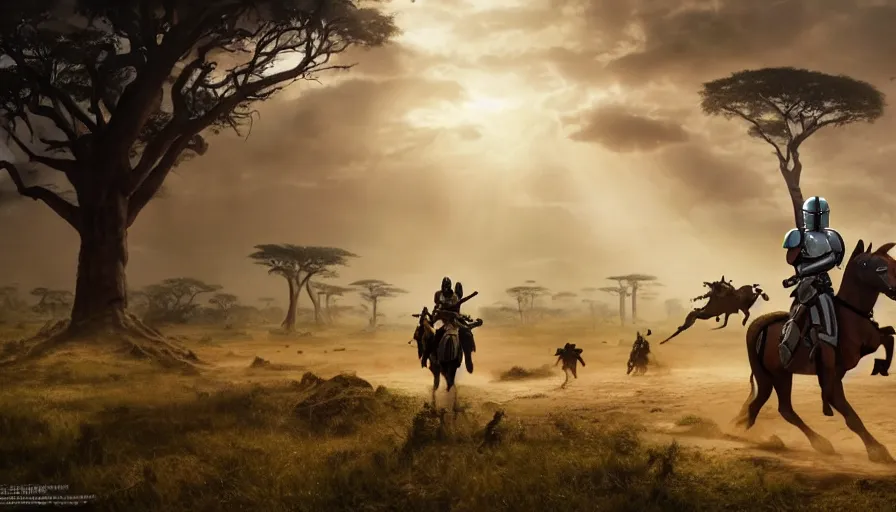 Image similar to mandalorian riding a horse through madagascar with baobabs trees, tribe members chasing for an attach, action scene, an epic fantasy, artgerm and greg rutkowski and alphonse mucha, an epic fantasy, volumetric light, detailed, establishing shot, an epic fantasy, cinematic, photorealistic, ultrarealistic, trending on art station, octane render, midsommar