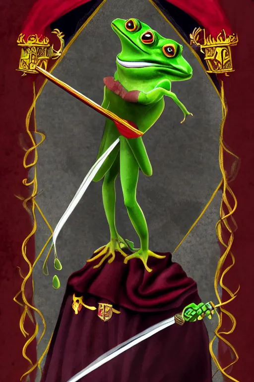 Image similar to harry potter frog mage, gryffindor, magic wand, in hogwarts, high details, best composition, dramatic pose, 4 k