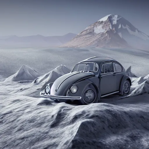 Image similar to extreme long shot of a 1970 vw beetle standing on mount everest, award winning photo, snow, high detail, desolate, atmospheric, 8k, Asher Durand, intricate artwork by Tooth Wu and wlop and beeple and dan mumford and greg rutkowski and nekroxiii. halo. octane render, cinematic, hyper realism, octane render, 8k, depth of field, bokeh