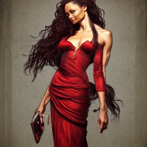 Prompt: full figure ultra realistic illustration, thandie newton wearing a maiden red dress, black wavy hair, old west, intricate, elegant, highly detailed, digital painting, artstation, concept art, smooth, sharp focus, illustration, art by artgerm and greg rutkowski and alphonse mucha