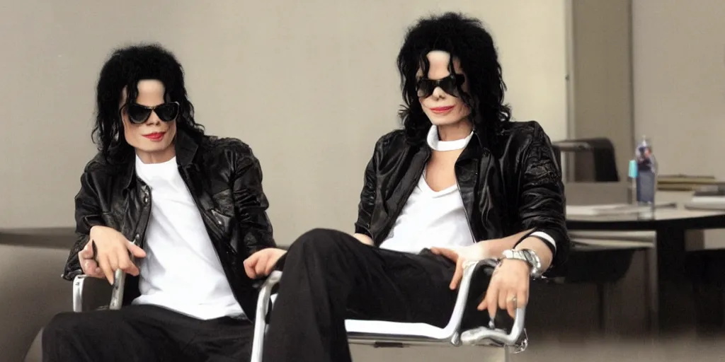 Image similar to michael jackson 2 0 0 9 wearing shades, alone, this is it style, photo real, skin, motion blur, sitting in a chair, by himself, real life, spotted, leaked, ultra realistic face, accurate, 4 k, movie still, uhd, sharp, detailed, cinematic, render, modern