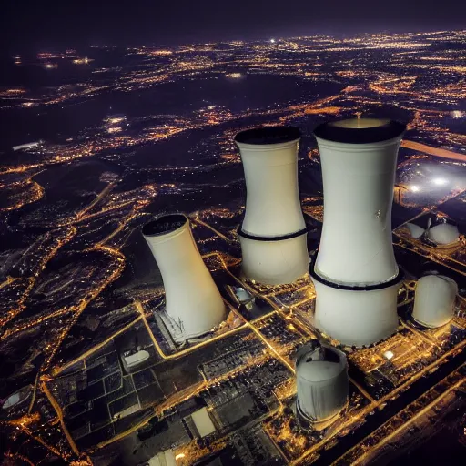 Image similar to photo of an upsidedown nuclear power plant at night birds eye view inception cinematic