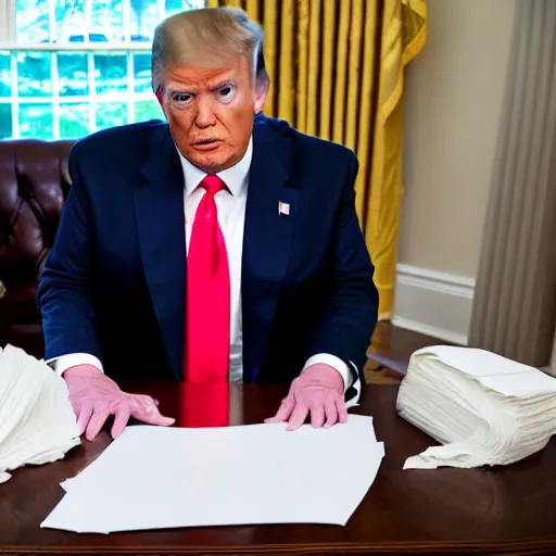 Image similar to candid portrait photo of president trump at his desk shoving crumpled papers into his mouth, chewing paper, eating paper, detailed portrait, 4 k, megapixel, sony a 7 s, f / 8, 2 4 mm lens