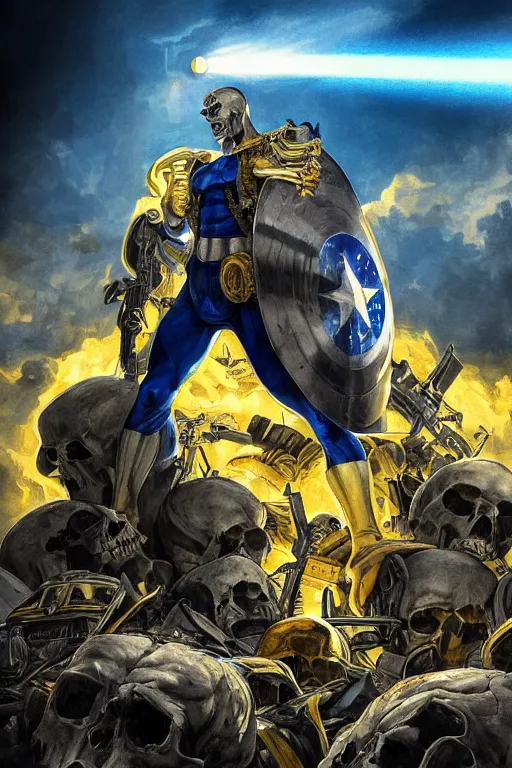 Image similar to a full body shot from distance of a super soldier with a Ukrainian blue and yellow stripes flag standing in the beam of light from the clouds on a pile of skulls and rotten cars as a winner, masculine figure, D&D, fantasy, intricate, elegant, highly detailed, digital painting, artstation, concept art, matte, sharp focus, symmetrical, illustration, hyperrealistic, art by Artgerm and Greg Rutkowski and Alphonse Mucha