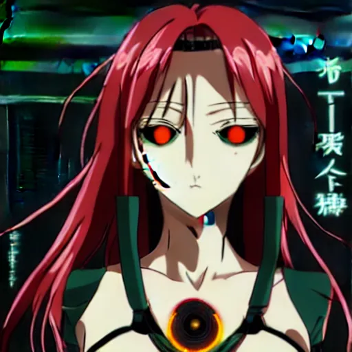 Image similar to female cyberpunk anime girl, yellow eye and red eye, symmetrical faces and eyes symmetrical body, middle shot waist up, Madhouse anime studios, Black Lagoon, Wit studio anime, 2D animation