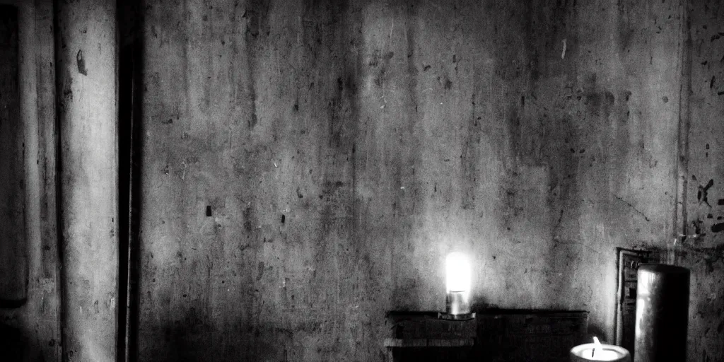 Image similar to nighttime, a very dark room at night lit only by candlelight, black and white, grungy