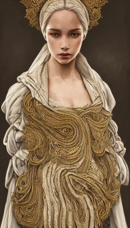 Prompt: peasent, traditional clothing, fame of thrones, fibonacci, sweat drops, intricate fashion clothing, insane, intricate, highly detailed, surrealistic, digital painting, artstation, concept art, smooth, sharp focus, illustration, Unreal Engine 5, 8K, art by artgerm and greg rutkowski and alphonse mucha