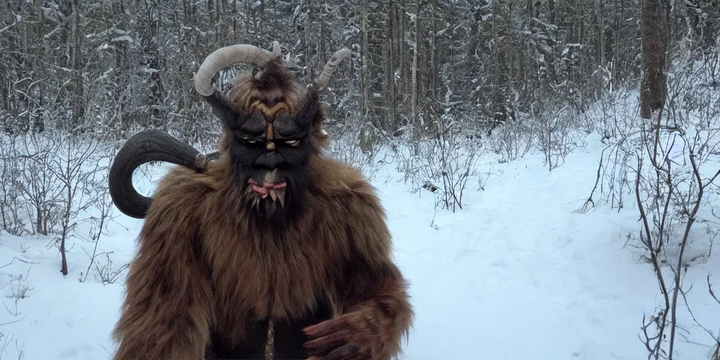 Image similar to trailcam footage of krampus in an alpine forest