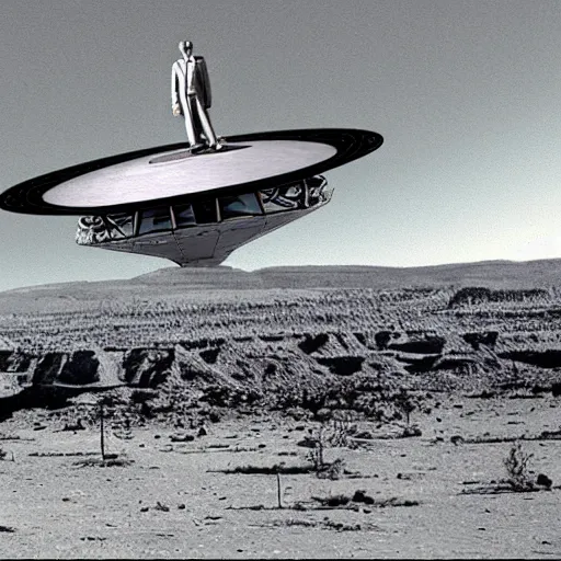 Image similar to president eisenhower going to ufo in the desert, concept art