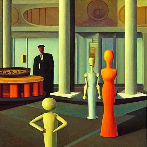 Image similar to robot druids in a grandiose atrium, grant wood, pj crook, edward hopper, oil on canvas