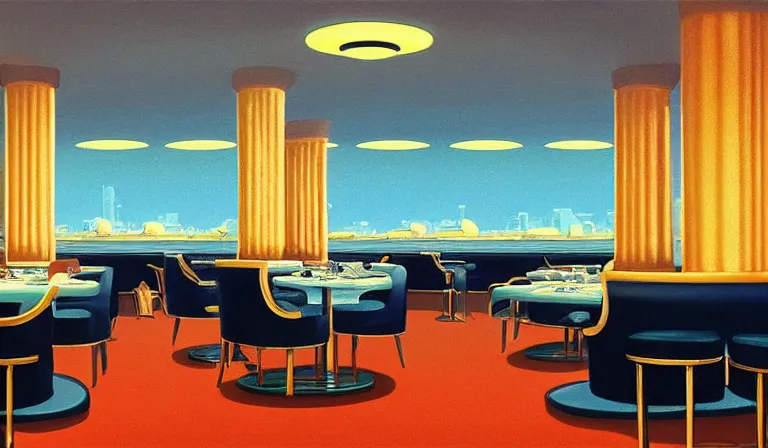 Image similar to a beautiful, sharp focus, clean lines. the interior of an art deco undersea restaurant. vaporwave ombre rendering. outrun style. trending on artstation. recommended for you behance. by chris moore. by edward hopper. ambient occlusion. digital matte painting. metropolis filmic. gotham city.