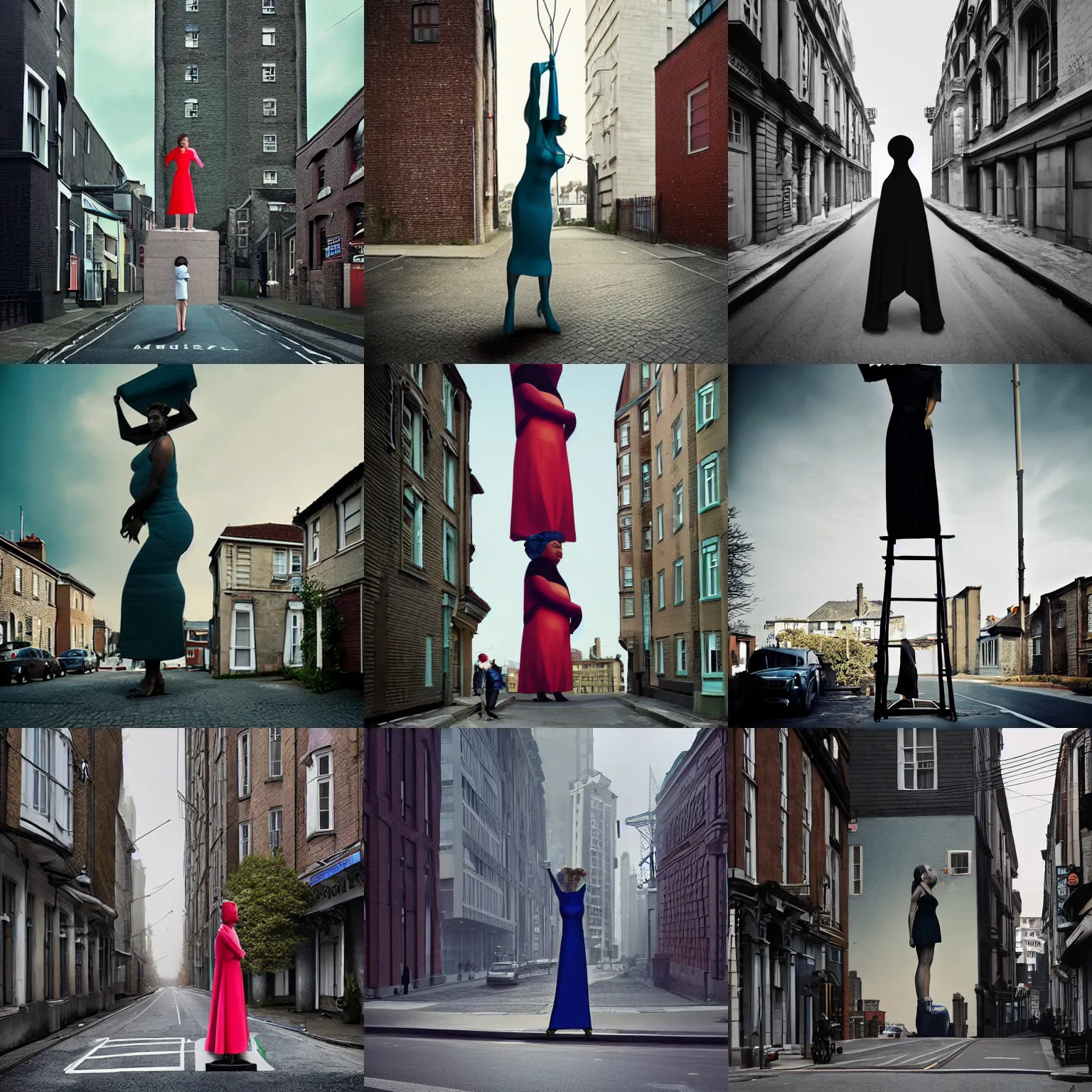 Prompt: Giant woman towers over a street, photography by Julia Fullerton-Batten