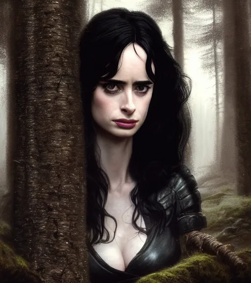 Image similar to 5 5 mm close up portrait photo of krysten ritter as yennefer of vengerberg with purple eyes in black leather armor and long black wavy hair, in a forest. magical atmosphere. art by greg rutkowski. lifelike. very detailed 8 k. intricate. soft light. nikon d 8 5 0.