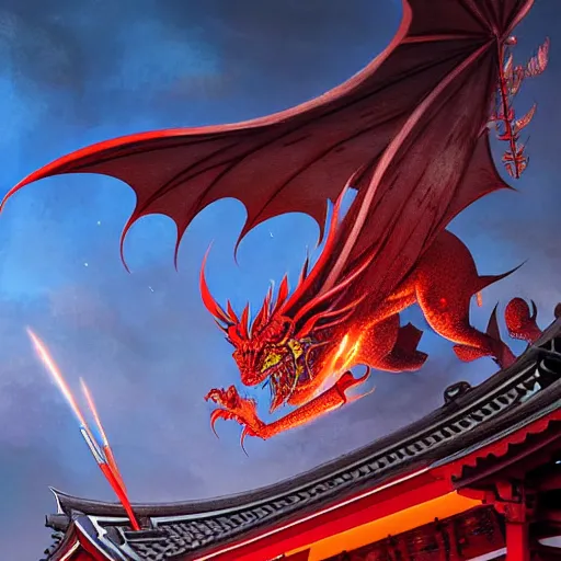 Image similar to Stunning Portrait of A Red dragon flying above a Feudal Japan temple, during a fire works festival at night by Kim Jung Gi, Blizzard Concept Art Studio Ghibli. oil paint. 4k. by brom, Pixiv cute anime girl wearing police gear by Ross Tran, Greg Rutkowski, Mark Arian, soft render, octane, highly detailed painting, artstation