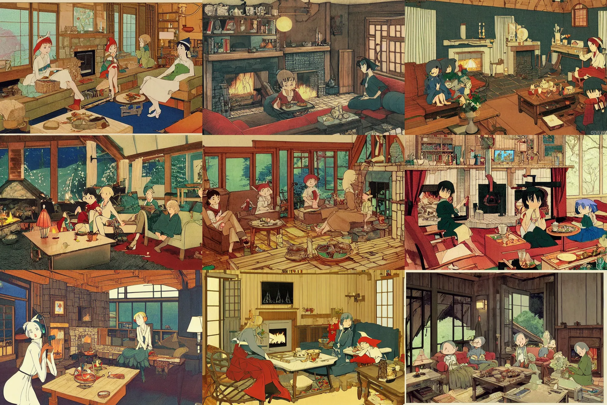 Prompt: wooden cottage, living room, elves sitting on the couch, high-tech devices on the table, traditional fireplace, concept art, by Hayao Miyazaki, by Coles Phillips, by Yuumei