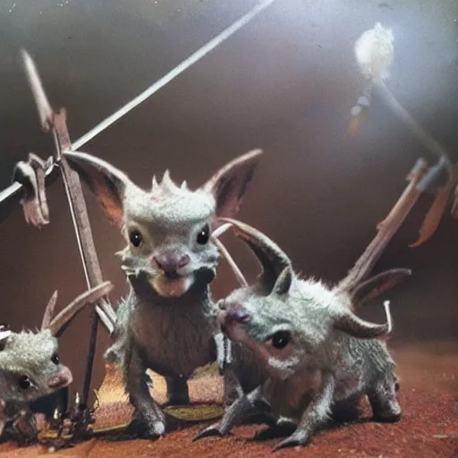 Image similar to a band of little horned creatures with weapons and nets and traps looking menacingly